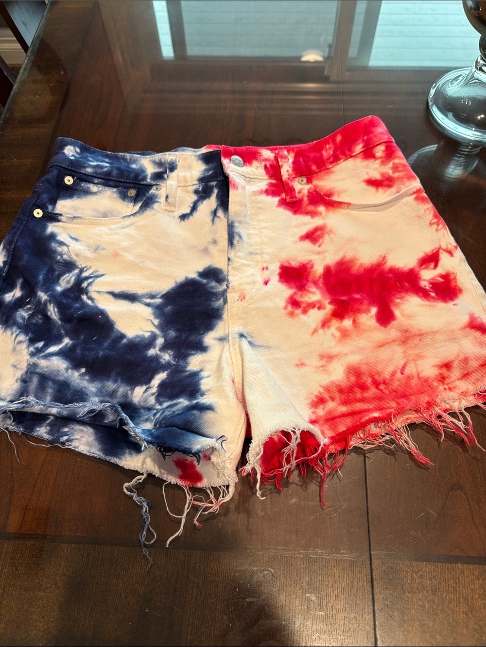 Madewell Tie-Dye High-Rise Denim Shorts in Red & Blue